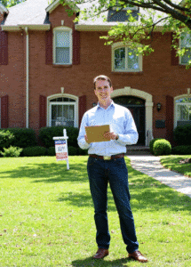 East Texas realtor standing in front of brick home recommending pre-listing inspection to seller.
