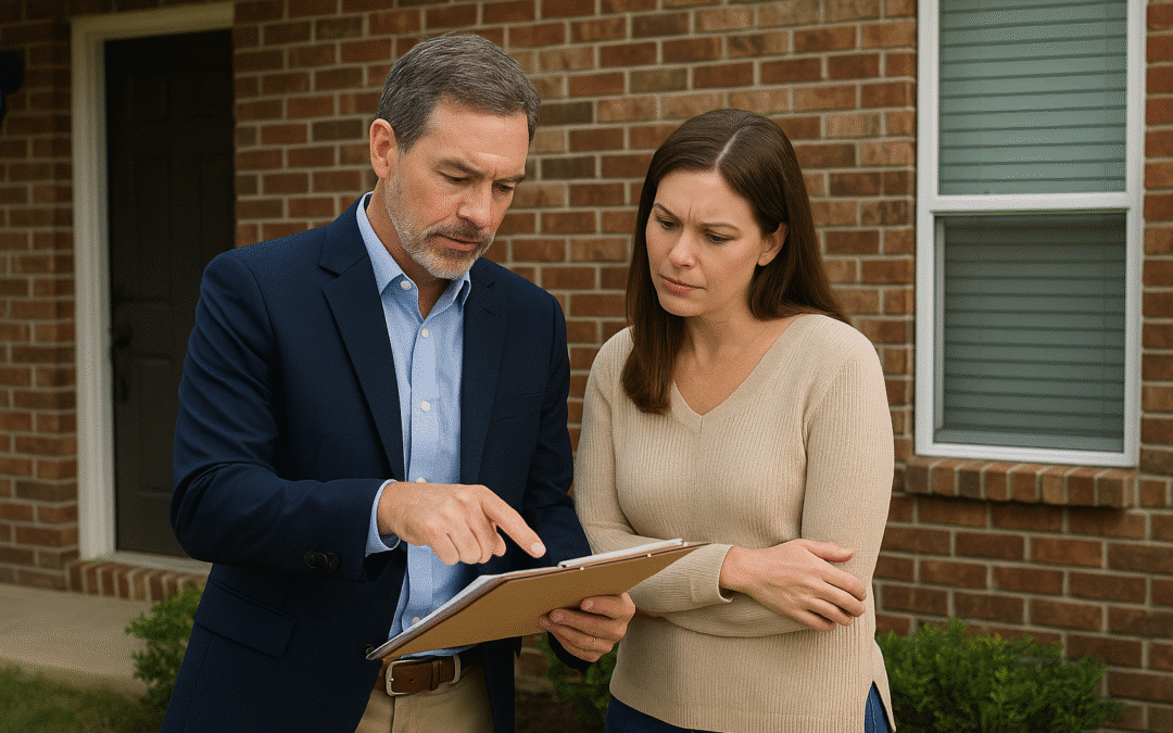 East Texas realtor reviewing home inspection report with seller in Longview, Texas.