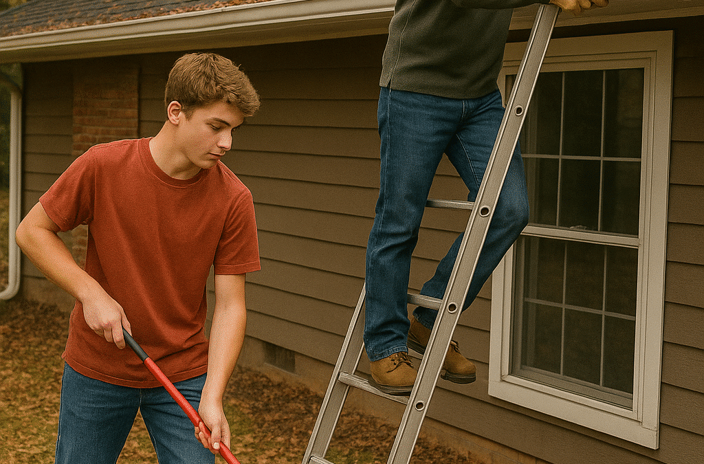 Father and son cleaning gutters and raking leaves during fall home maintenance at a house in East Texas