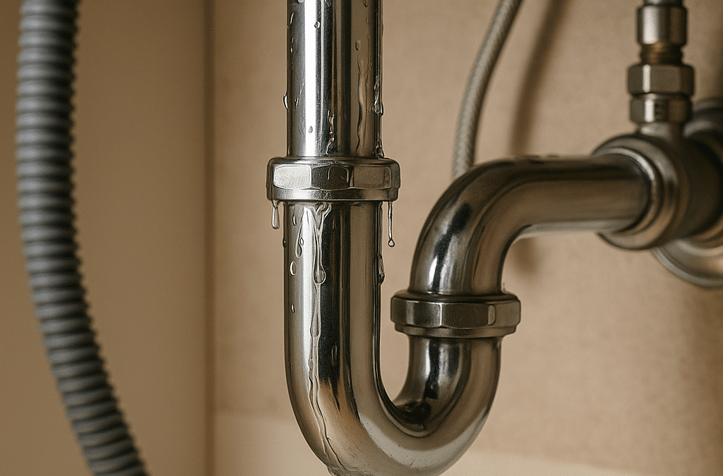 Leaky pipe under a kitchen sink in an East Texas home, showing active water drip and future damage