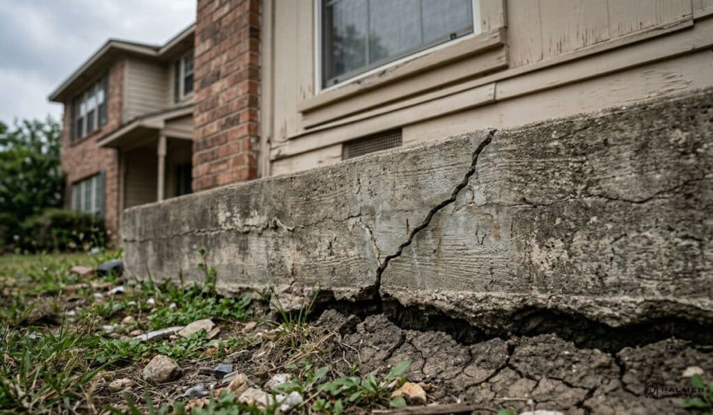 Palmer Inspections certified inspector identifying foundation crack during home inspection in East Texas