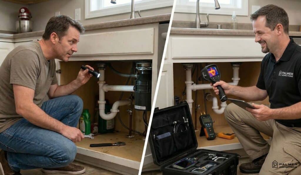 Two men are repairing a kitchen sink as part of a Mid-Year Home Health Check.