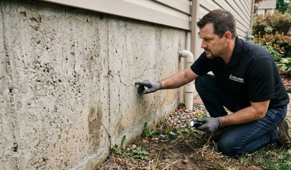 A man in a black shirt and gloves inspects a wall during a Mid-Year Home Health Check.
