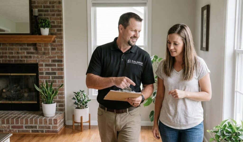 certified inspector explaining home findings to buyer during walkthrough