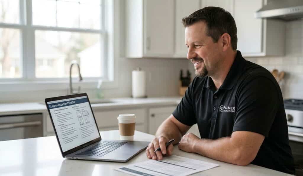Palmer Inspections certified inspector reviewing home inspection checklist with buyer at kitchen table