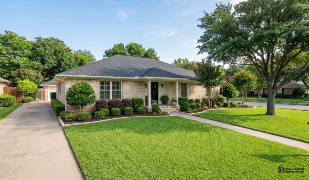 A spacious home surrounded by a large yard with lush green grass, illustrating foundation maintenance tips.