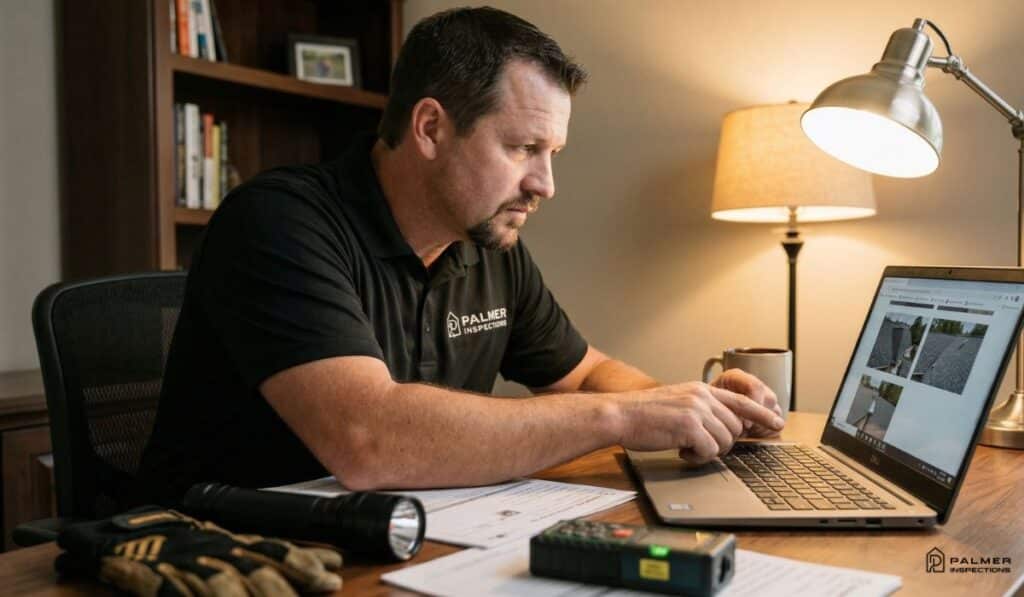 Palmer Inspections certified inspector reviewing home inspection findings on laptop