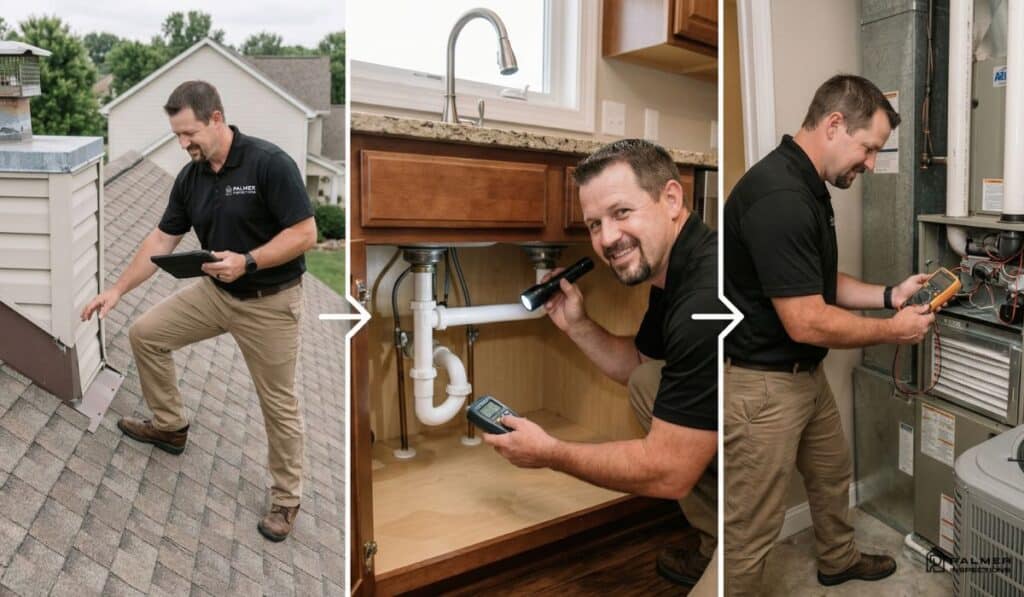 Palmer Inspections certified inspector checking roof, plumbing, and HVAC during home inspection