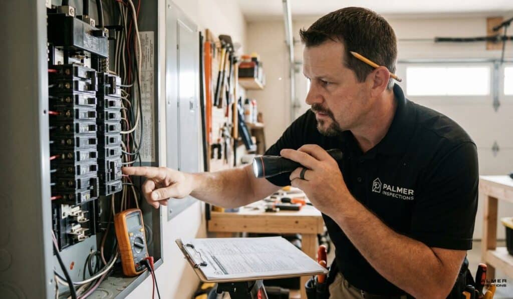 Palmer Inspections certified inspector checking electrical panel during home inspection in East Texas