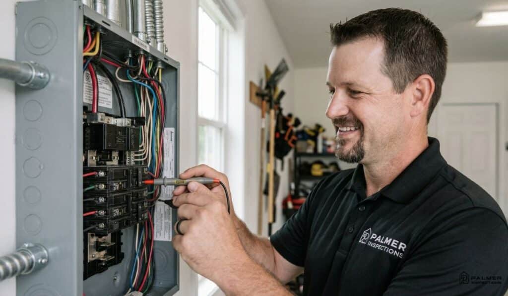 certified inspector checking electrical panel during home inspection