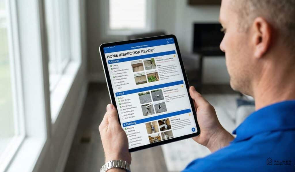 Palmer Inspections certified inspector reviewing digital home inspection report on tablet