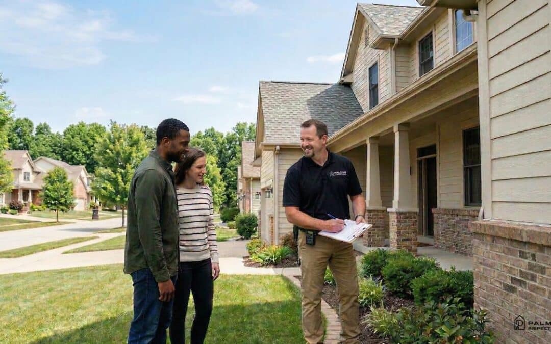 Palmer Inspections certified inspector reviewing home exterior with buyers during property inspection
