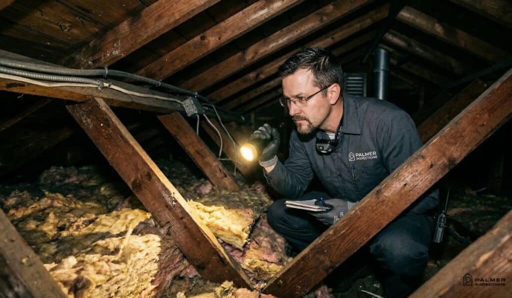 A man in a black shirt and glasses inspects insulation in an attic during a Mid-Year Home Health Check.