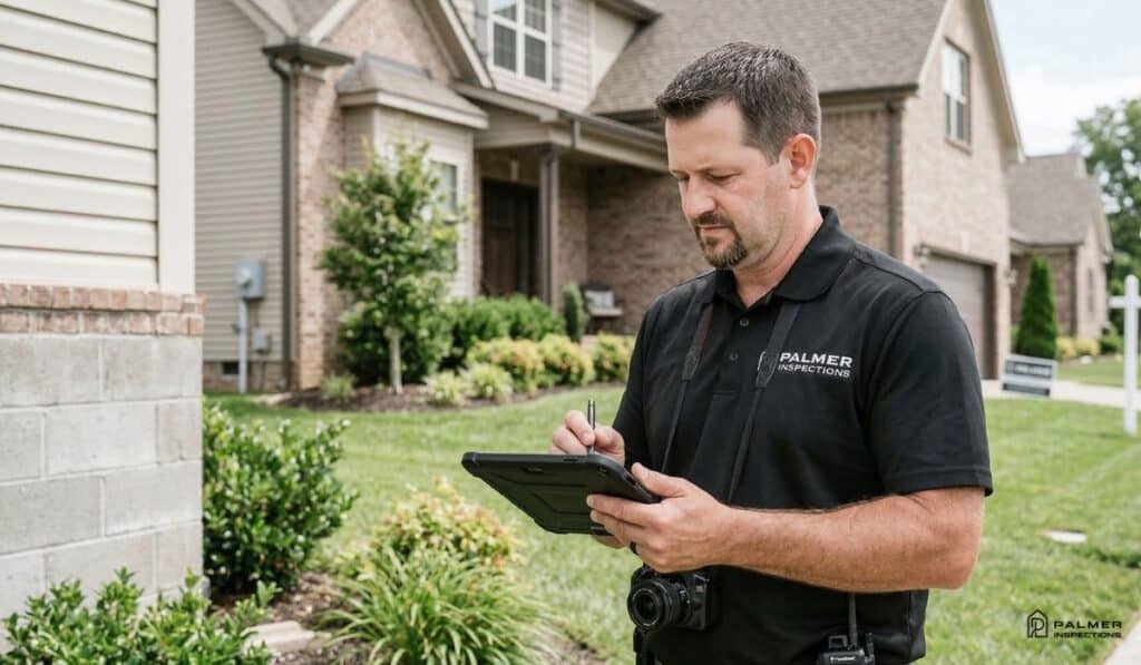 A man in a black shirt uses a tablet outside his house, focusing on foundation maintenance tips.