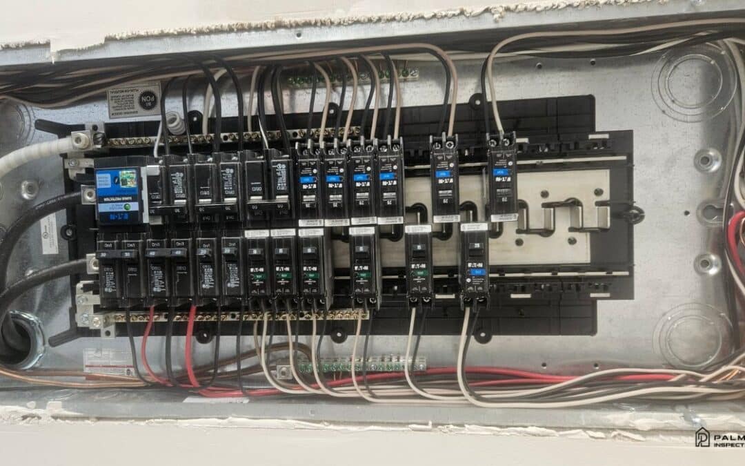 Open breaker box during an electrical panel safety inspection by Palmer Inspections in Longview, Texas.