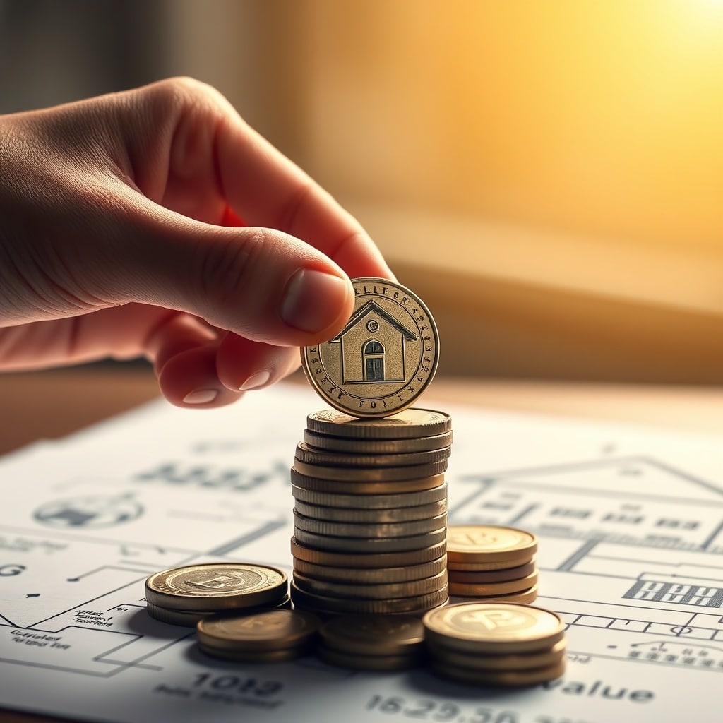 home-inspection-investment-value-longview-tx A hand placing a gold house coin on a stack of money to represent home inspection value in Longview.