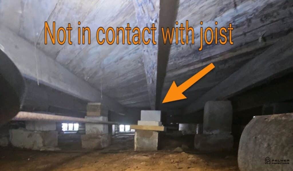 crawlspace-pier-not-supporting-joist-home-inspection-bullard-tx Crawlspace inspection in Bullard, TX showing a support pier not in contact with the floor joist, what happens if a home inspection finds problems in a crawlspace like this.