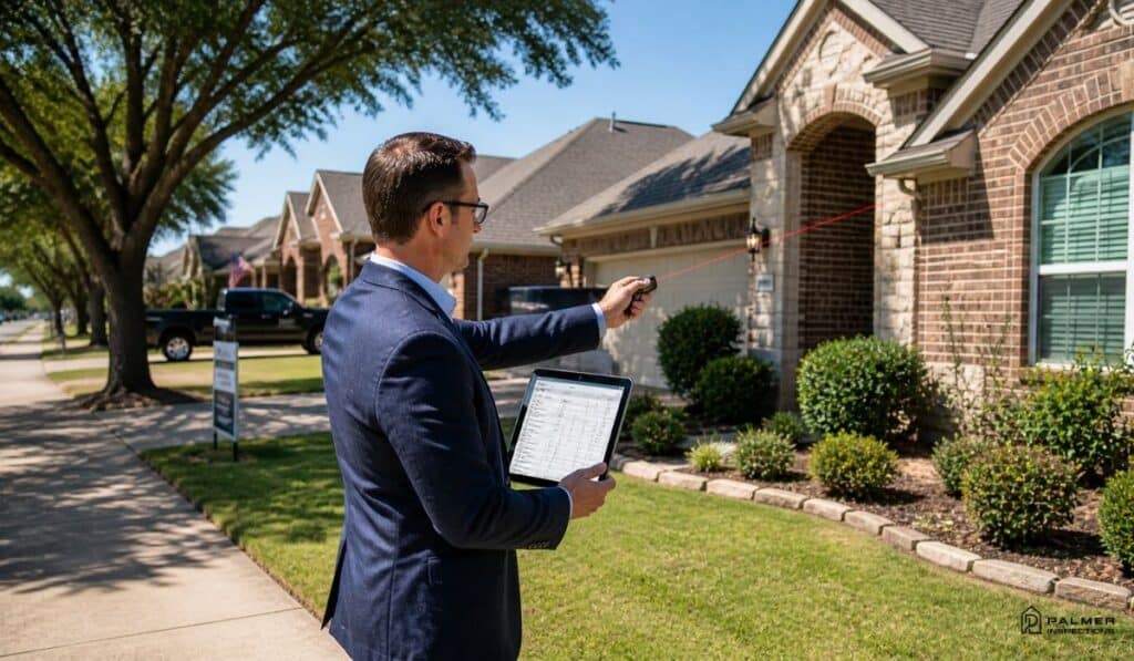 precision-home-inspection-tools-longview-tx Home inspector using a laser measuring tool and tablet to assess a brick home exterior in Longview, illustrating home inspection vs appraisal Texas.