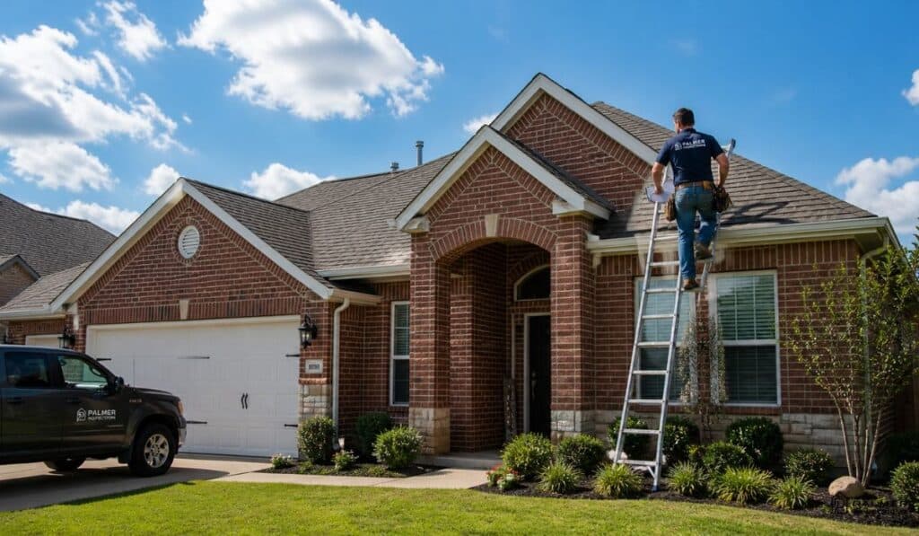 roof-shingle-home-inspection-tyler-tx A Palmer Inspections professional climbs a ladder to inspect the roof of a brick home, illustrating the key differences in a home inspection vs appraisal Texas.