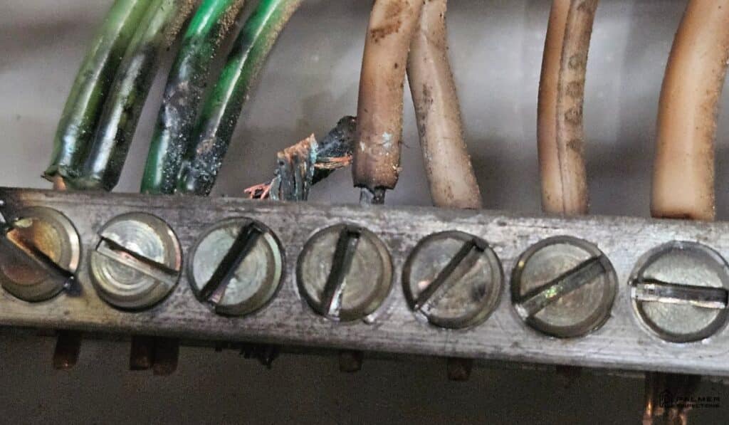 Biggest red flags that can kill a real estate deal in East Texas, including close-up of scorched and overheated electrical wires at a bus bar during a home inspection in Lindale, TX