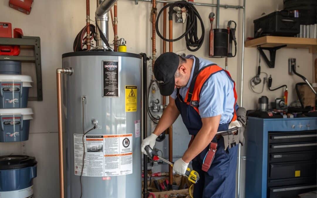 Home inspector checking a water heater system in a garage in East Texas to assess condition and safety